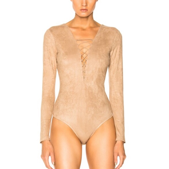 Alexander Wang Faux Suede Lace Up Bodysuit in Camel - Picture 2 of 5